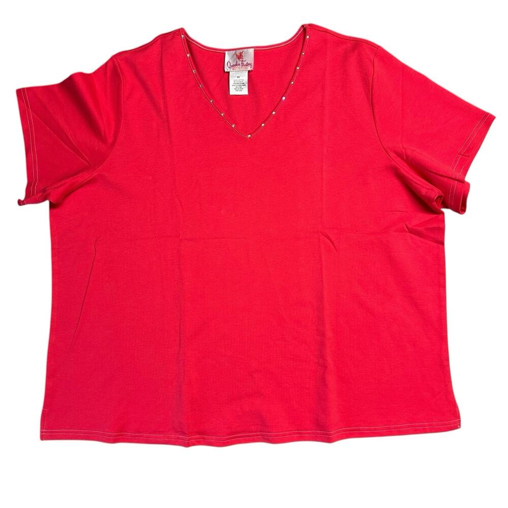 Quacker Factory 3X Top Pink Knit Rhinestones Short Sleeve V neck Cute Blouse